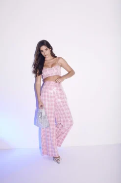 Glamorous Bottoms|Co-ords|Cher Co-ord Ruched Waist Trousers - Pink Check Sequin -