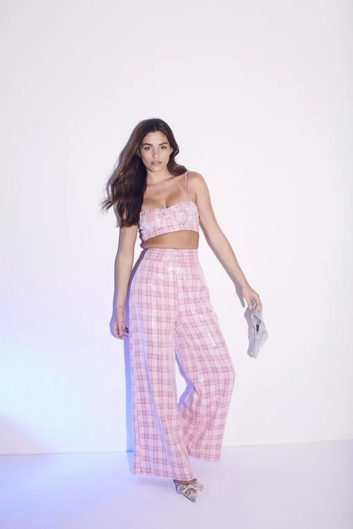 Glamorous Bottoms|Co-ords|Cher Co-ord Ruched Waist Trousers - Pink Check Sequin -