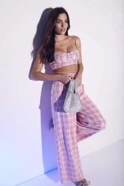 Glamorous Bottoms|Co-ords|Cher Co-ord Ruched Waist Trousers - Pink Check Sequin -