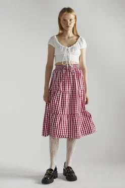 Glamorous Midi & Midaxi Skirts|Cherry Red Gingham Pleated Midi-Skirt -