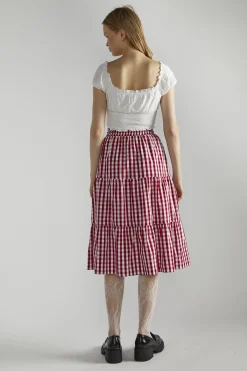 Glamorous Midi & Midaxi Skirts|Cherry Red Gingham Pleated Midi-Skirt -