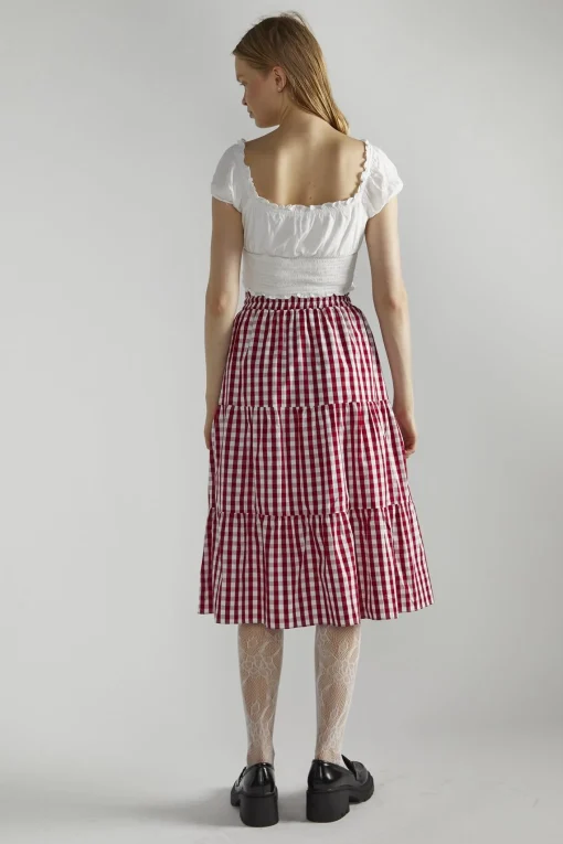 Glamorous Midi & Midaxi Skirts|Cherry Red Gingham Pleated Midi-Skirt -