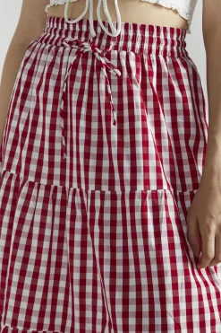 Glamorous Midi & Midaxi Skirts|Cherry Red Gingham Pleated Midi-Skirt -