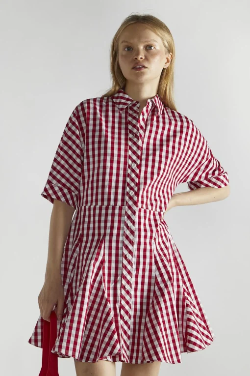 Glamorous Mini Dresses|Mini Dresses|Cherry-Red-Gingham Button-Up- Mini-Dresses -