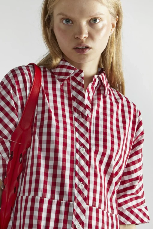 Glamorous Mini Dresses|Mini Dresses|Cherry-Red-Gingham Button-Up- Mini-Dresses -