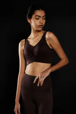 Glamorous Activewear|Crops, Corsets & Bodysuits|Chocolate Ruched Sports Bra -