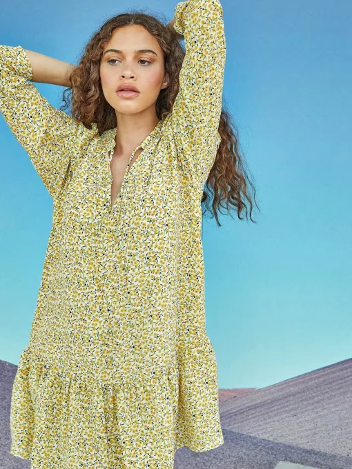 Glamorous Day Dresses|Citron Daisy Floral Long Sleeve Smock Dress -