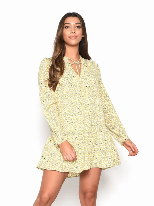 Glamorous Day Dresses|Citron Daisy Floral Long Sleeve Smock Dress -