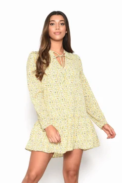 Glamorous Day Dresses|Citron Daisy Floral Long Sleeve Smock Dress -