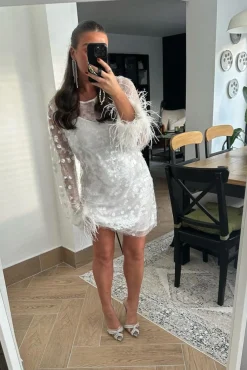 Glamorous Go To Partywear|Party Dresses|Clear-White Large-Sequin Feather Cuff Mini-Dress -