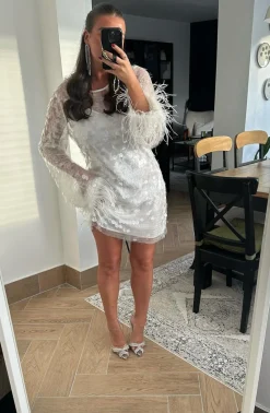 Glamorous Go To Partywear|Party Dresses|Clear-White Large-Sequin Feather Cuff Mini-Dress -