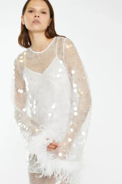 Glamorous Go To Partywear|Party Dresses|Clear-White Large-Sequin Feather Cuff Mini-Dress -