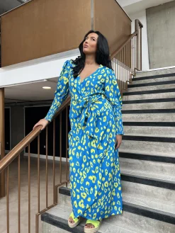 Glamorous Day Dresses|Midi & Midaxi Dresses|Cobalt-Yellow Leopard Wrap Midi-Dress -