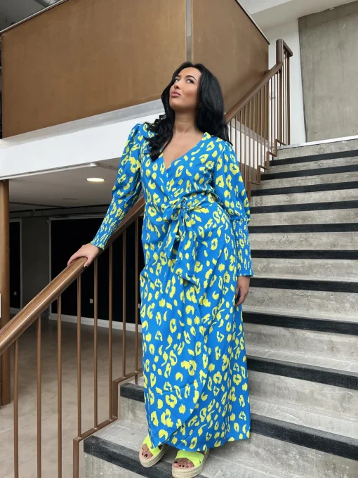 Glamorous Day Dresses|Midi & Midaxi Dresses|Cobalt-Yellow Leopard Wrap Midi-Dress -