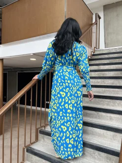 Glamorous Day Dresses|Midi & Midaxi Dresses|Cobalt-Yellow Leopard Wrap Midi-Dress -