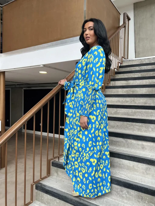 Glamorous Day Dresses|Midi & Midaxi Dresses|Cobalt-Yellow Leopard Wrap Midi-Dress -