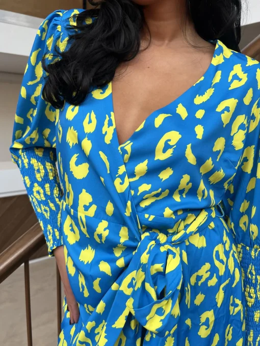 Glamorous Day Dresses|Midi & Midaxi Dresses|Cobalt-Yellow Leopard Wrap Midi-Dress -