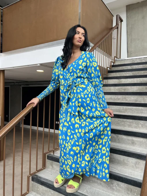 Glamorous Day Dresses|Midi & Midaxi Dresses|Cobalt-Yellow Leopard Wrap Midi-Dress -