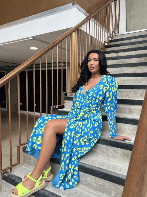 Glamorous Day Dresses|Midi & Midaxi Dresses|Cobalt-Yellow Leopard Wrap Midi-Dress -