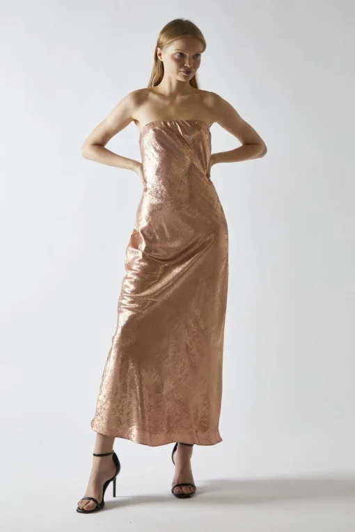 Glamorous Party Dresses|Going Out Dresses|Copper-Metallic Strapless Midi Dress -