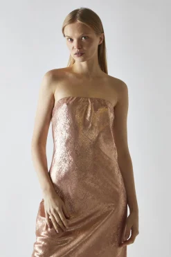 Glamorous Party Dresses|Going Out Dresses|Copper-Metallic Strapless Midi Dress -