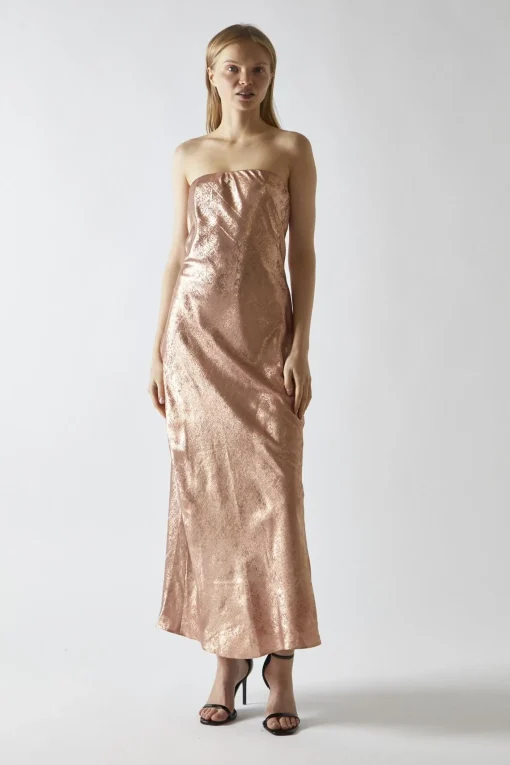 Glamorous Party Dresses|Going Out Dresses|Copper-Metallic Strapless Midi Dress -
