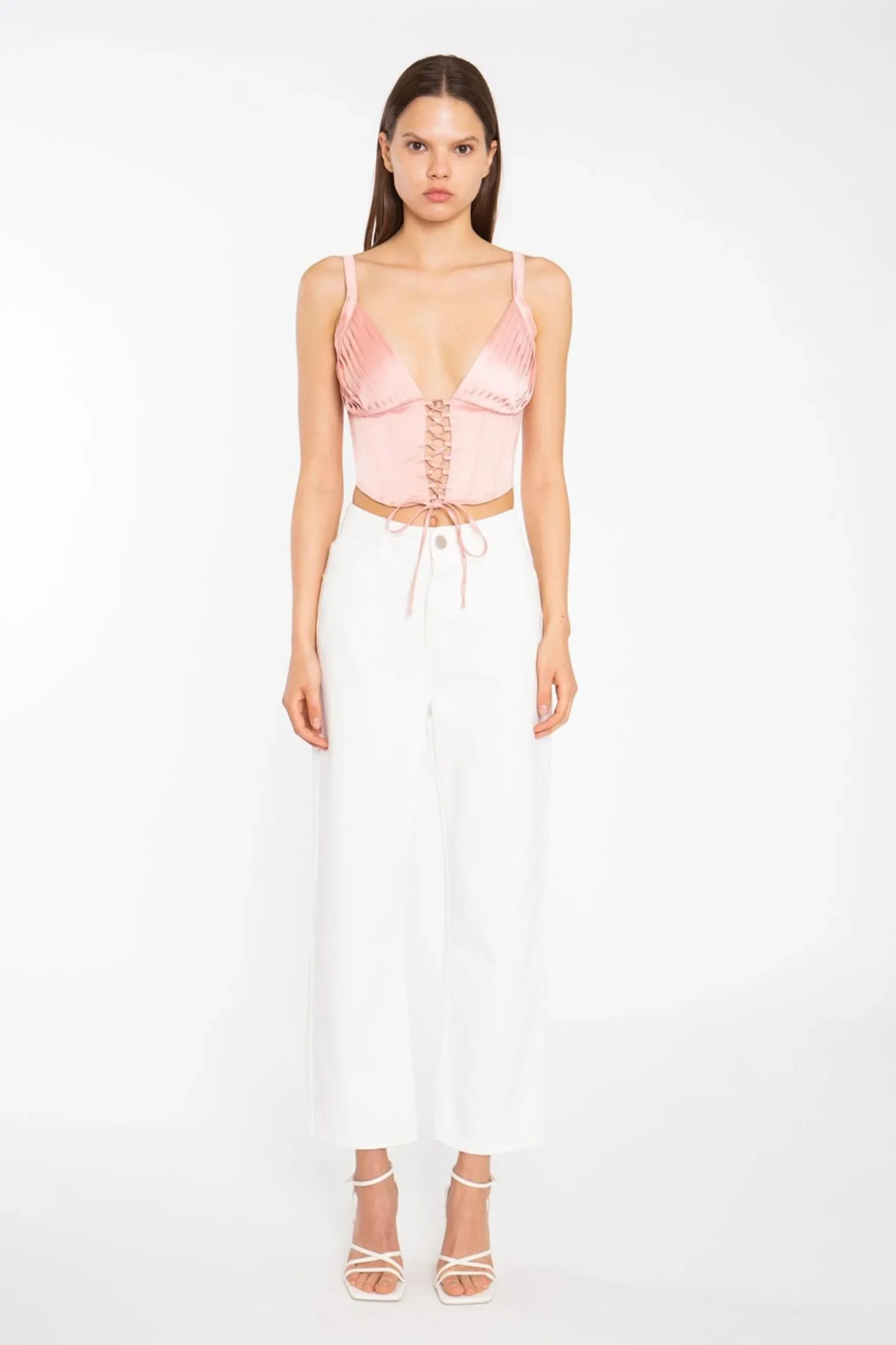 Glamorous Going Out Tops|Coral Pink Pleated Bust Lace-Up Corset-Top -