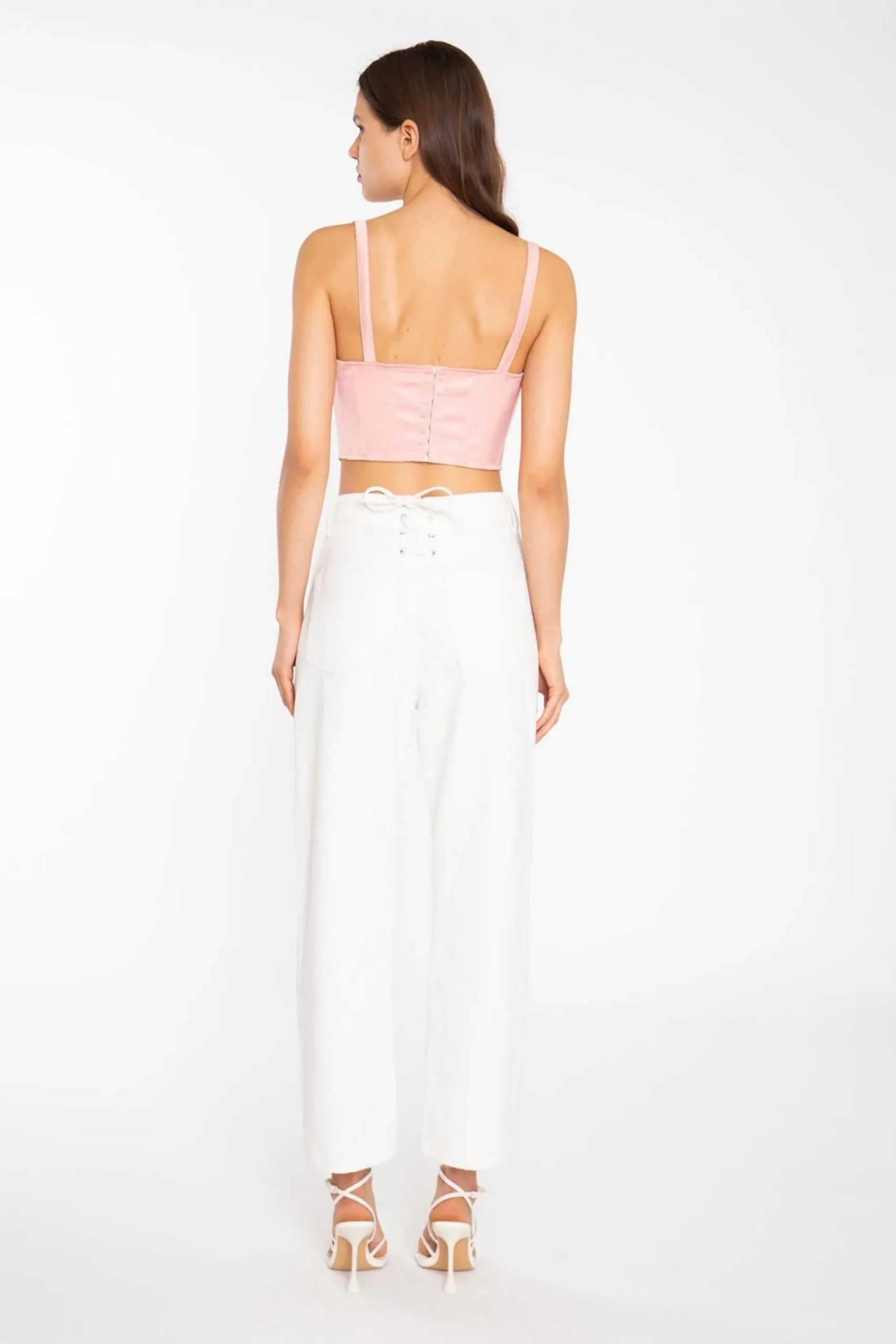 Glamorous Going Out Tops|Coral Pink Pleated Bust Lace-Up Corset-Top -