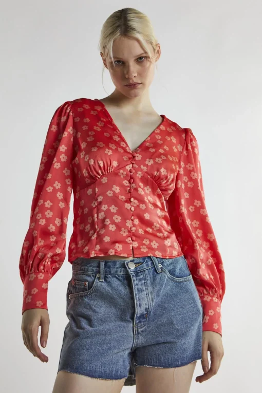 Glamorous Blouses & Shirts|Coral-Pink Daisy Long-Sleeve Top -