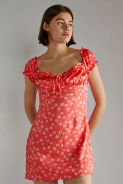 Glamorous Day Dresses|Mini Dresses|Coral-Pink Daisy Milkmaid Mini-Dress -