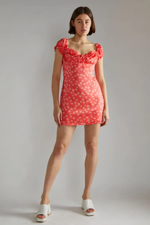 Glamorous Day Dresses|Mini Dresses|Coral-Pink Daisy Milkmaid Mini-Dress -
