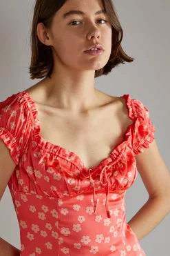 Glamorous Day Dresses|Mini Dresses|Coral-Pink Daisy Milkmaid Mini-Dress -