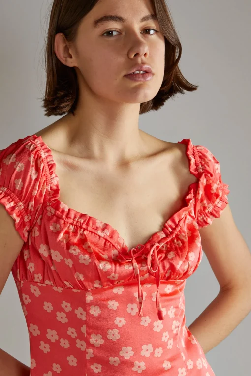 Glamorous Day Dresses|Mini Dresses|Coral-Pink Daisy Milkmaid Mini-Dress -