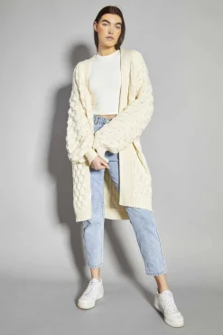 Glamorous Cardigans|Cream Cable Knit Longline-Cardigan -