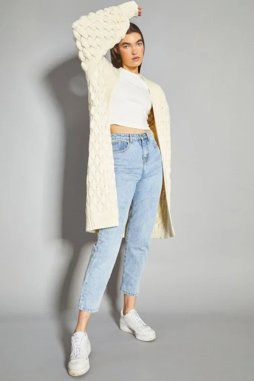 Glamorous Cardigans|Cream Cable Knit Longline-Cardigan -