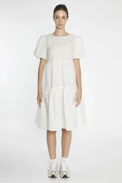 Glamorous Day Dresses|Midi & Midaxi Dresses|Cream Textured-Brocade Tiered Midi-Dress -