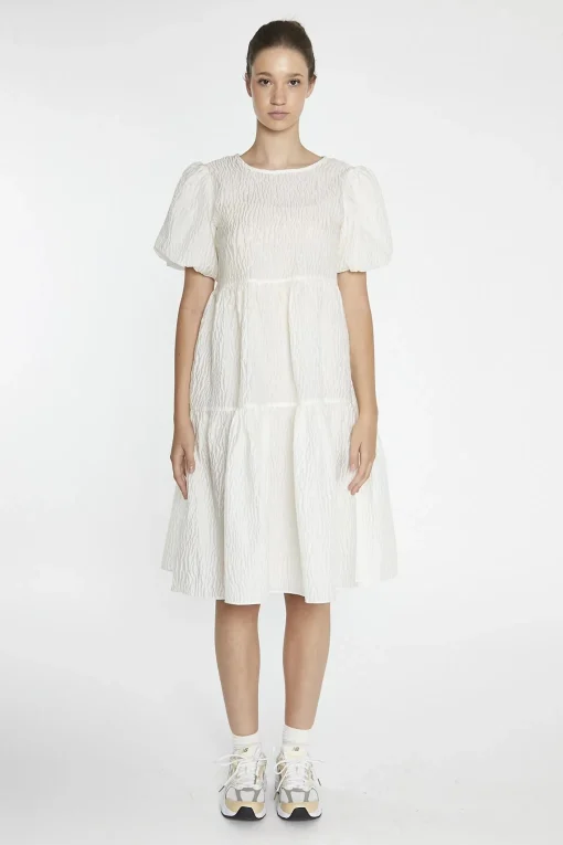 Glamorous Day Dresses|Midi & Midaxi Dresses|Cream Textured-Brocade Tiered Midi-Dress -