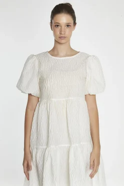 Glamorous Day Dresses|Midi & Midaxi Dresses|Cream Textured-Brocade Tiered Midi-Dress -