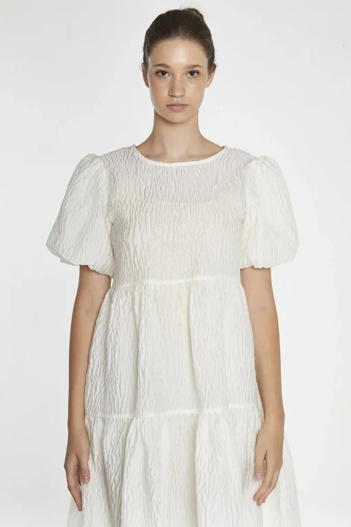 Glamorous Day Dresses|Midi & Midaxi Dresses|Cream Textured-Brocade Tiered Midi-Dress -