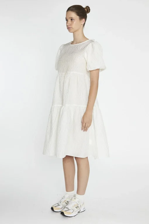 Glamorous Day Dresses|Midi & Midaxi Dresses|Cream Textured-Brocade Tiered Midi-Dress -