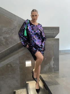 Glamorous Dresses|Party Dresses|Curve Mackenzie Flared Sleeve Sequin Mini-Dress - Petrol Mix -