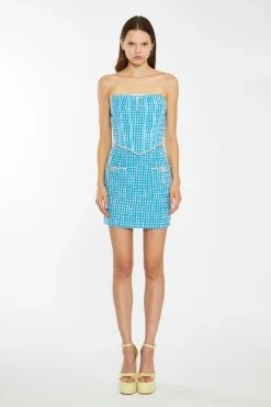 Glamorous Best Dressed Guest|Going Out Skirts|Cyan-Blue Tweed Diamante Trim Mini-Skirt -