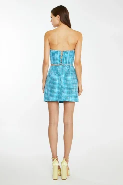 Glamorous Best Dressed Guest|Going Out Skirts|Cyan-Blue Tweed Diamante Trim Mini-Skirt -
