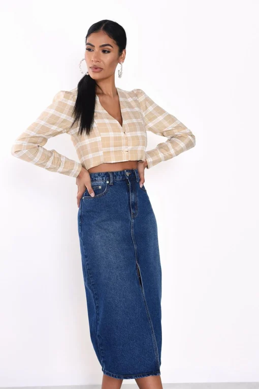 Glamorous Midi & Midaxi Skirts|Dark Blue Stonewash Split High Waisted Midi Skirt -