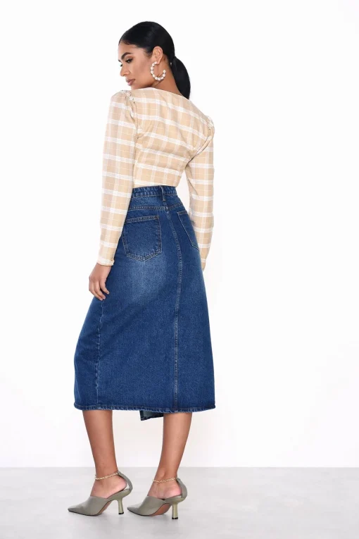 Glamorous Midi & Midaxi Skirts|Dark Blue Stonewash Split High Waisted Midi Skirt -