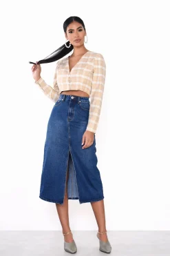 Glamorous Midi & Midaxi Skirts|Dark Blue Stonewash Split High Waisted Midi Skirt -
