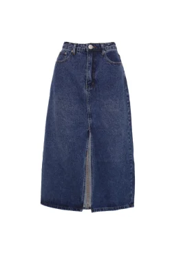 Glamorous Midi & Midaxi Skirts|Dark Blue Stonewash Split High Waisted Midi Skirt -