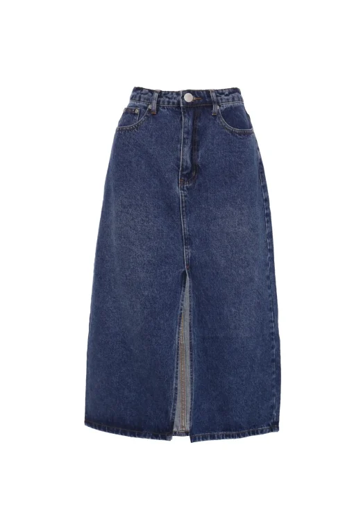 Glamorous Midi & Midaxi Skirts|Dark Blue Stonewash Split High Waisted Midi Skirt -