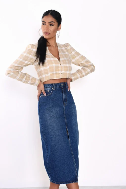 Glamorous Midi & Midaxi Skirts|Dark Blue Stonewash Split High Waisted Midi Skirt -