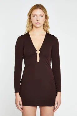 Glamorous Workwear|Go To Partywear|Dark Brown Deep V-neck Mini-Dress -